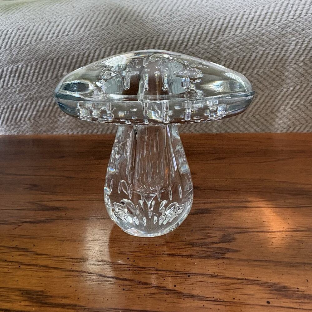 Clear Heavy Glass Mushroom Paperweight Controlled Bubbles 4" diameter